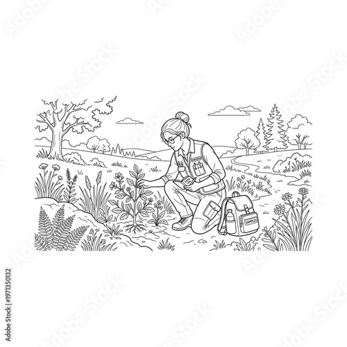 Woman crouching in field examining plant.