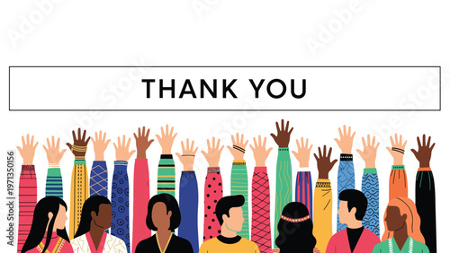 Diverse group of people with their hands raised in the air below a large white sign that reads thank you for their contribution.