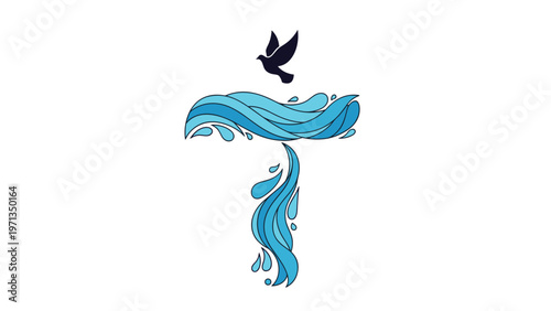 Artistic blue cross formed by flowing water waves with a dark bird flying above it as a spiritual and religious symbol of hope.
