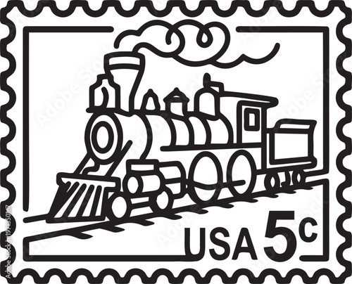 Classic steam train line art stamp with five cent usa marking design.