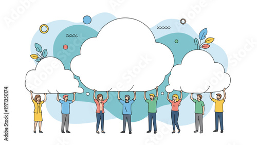 Group of people working together to hold up large white speech bubbles shaped like clouds to represent shared ideas and goals.