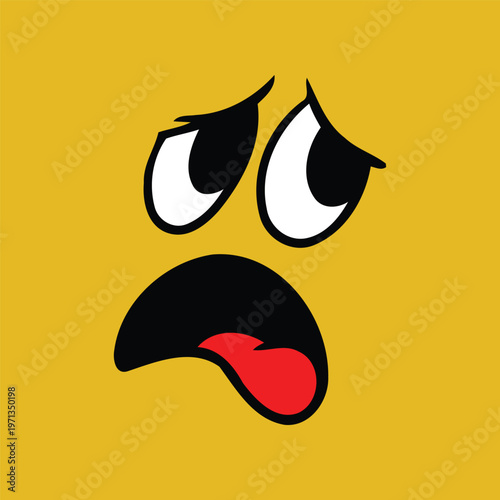 Vector illustration of a sad face emoticon with a frowning mouth and raised eyebrows on a yellow background