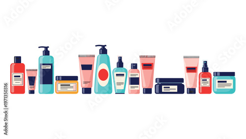 Diverse collection of skincare and beauty product containers including bottles, tubes, and jars in a flat color illustration style.