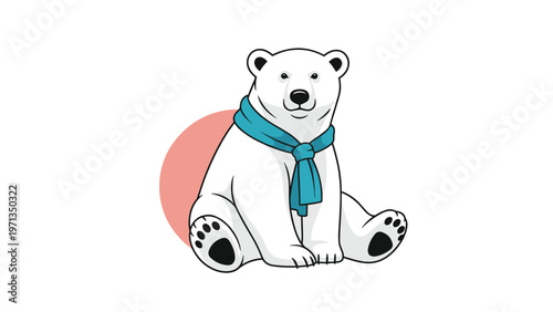 Cute white polar bear wearing a cozy blue knitted scarf sitting peacefully against a white background with a pink circle detail.