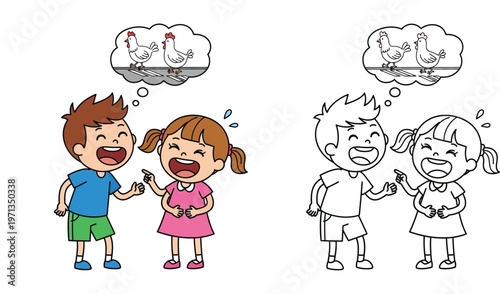 Cute kids laughing at chicken crossing the road joke, colorful vector illustration and black and white coloring page outline for children