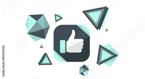 Thumbs Up Icon Surrounded by Geometric Shapes, Approval Symbol, Vector Art