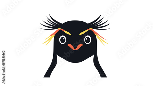 Front view of a rockhopper penguin head illustration featuring its distinctive yellow crest and sharp orange beak on a white background.