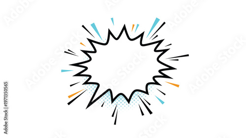 Explosive comic book burst bubble with colorful action lines and halftone details on a white background for creative storytelling.