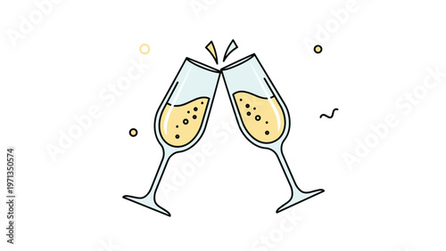 Two champagne glasses clashing in a toast with bubbly liquid and decorative elements for a celebratory event or holiday atmosphere.