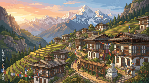 A beautiful vector illustration of a peaceful Bhutanese village in the Himalayas. Features traditional houses, rice terraces, and snowy mountains at sunset. Ideal for travel or culture.