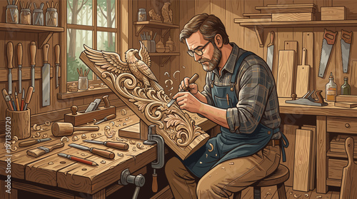 A focused, bearded craftsman carves an intricate eagle design into wood. His cozy, tool-filled workshop evokes skill, tradition, and artistry. Perfect for hobby concepts.