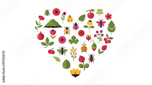 Heart composition filled with red flowers, green leaves, and small beetles on a white background, expressing a passion for the natural world.