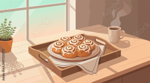 Cozy morning breakfast scene. A tray with fresh cinnamon rolls and a steaming mug of coffee sits on a wooden table by a sunny window. Warm, peaceful, and inviting illustration.