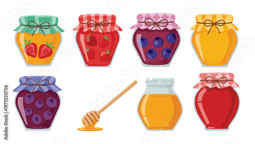 Assortment of colorful jam jars and a honey pot with a dipper including strawberry blueberry and apricot preserves.