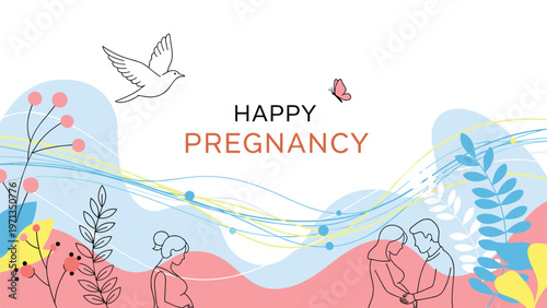Minimalist line art of a pregnant couple and woman surrounded by colorful abstract shapes and nature elements for a serene pregnancy theme.