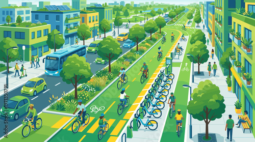 A bustling green city promoting a sustainable lifestyle with bike lanes, solar panels, and public transport. Diverse community enjoying urban nature. Ideal for eco-friendly concepts.