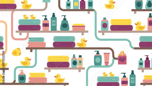 Detailed pattern of bathroom shelves containing towels yellow ducks soap dispensers and various toiletries on a white background.