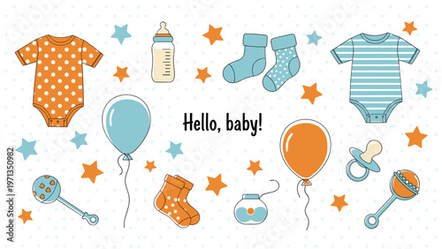 Baby shower collection with clothes, toys, balloons, and accessories in blue and orange colors on a polka dot background for a boy.