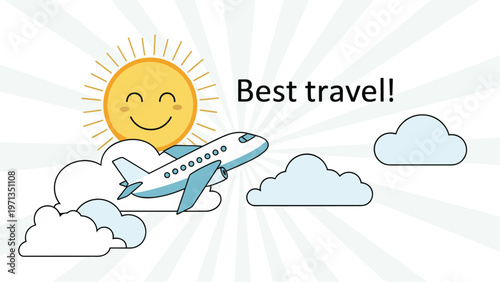 Airplane soaring through clouds with a smiling sun and travel message, creating a positive and adventurous holiday atmosphere.