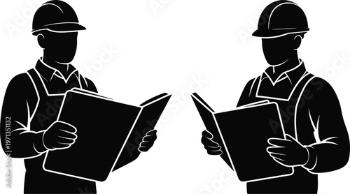 Construction worker silhouettes set, engineers reading plans vector illustration isolated black industrial collection