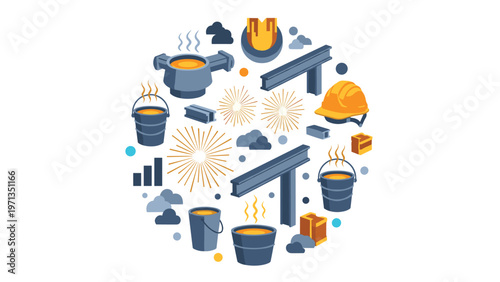 Industrial metallurgy icons arranged in a circle with molten metal, steel beams, and a safety helmet, showcasing the metal industry.
