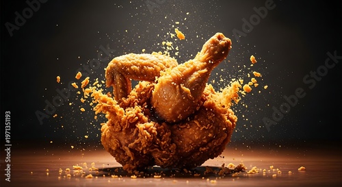 Heap of golden fried chicken pieces exploding with crumbs on dark background.