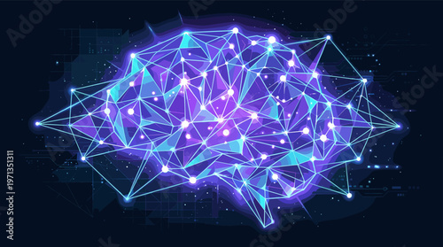 Abstract glowing brain of polygons and nodes on a dark tech background. Concept for artificial intelligence, neural networks, deep learning, and innovation.