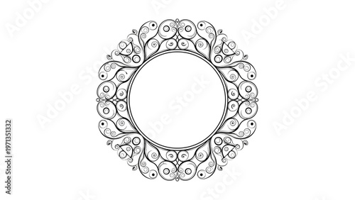 Intricate circular mandala frame with elegant scroll and swirl patterns in black ink, perfect for luxury or vintage design themes.