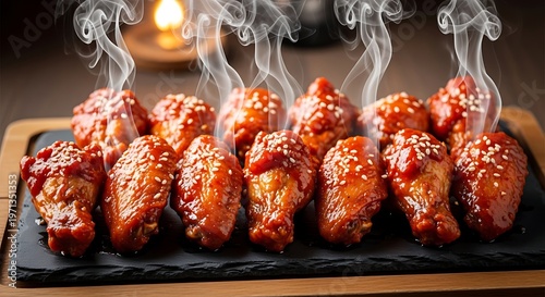 Korean style fried chicken drumsticks with red sauce and sesame seeds on stone.