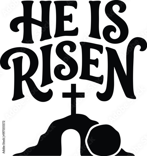 He is risen lettering with tomb and cross silhouette religious vector art