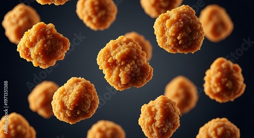 Many crispy golden fried chicken popcorn nuggets floating against dark background.