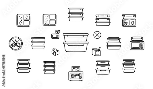 Food storage and meal prep outline icons with container designs and freezer safe symbols vector set