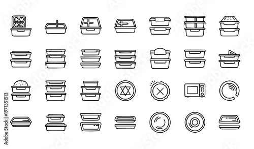 Meal prep container outline icon set with food storage boxes and kitchen organization symbols vector