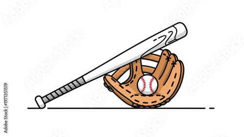 Professional baseball equipment including bat glove and ball rendered in a crisp line art style for sports graphics.