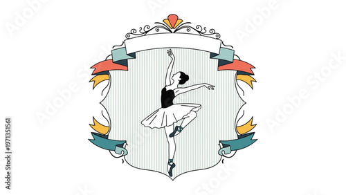 Graceful ballerina dancing in tutu inside an ornate vintage frame with colorful ribbons for arts and performance.