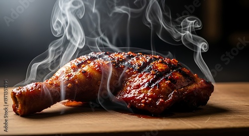 Smoky grilled chicken leg with spices and glowing embers on wood.