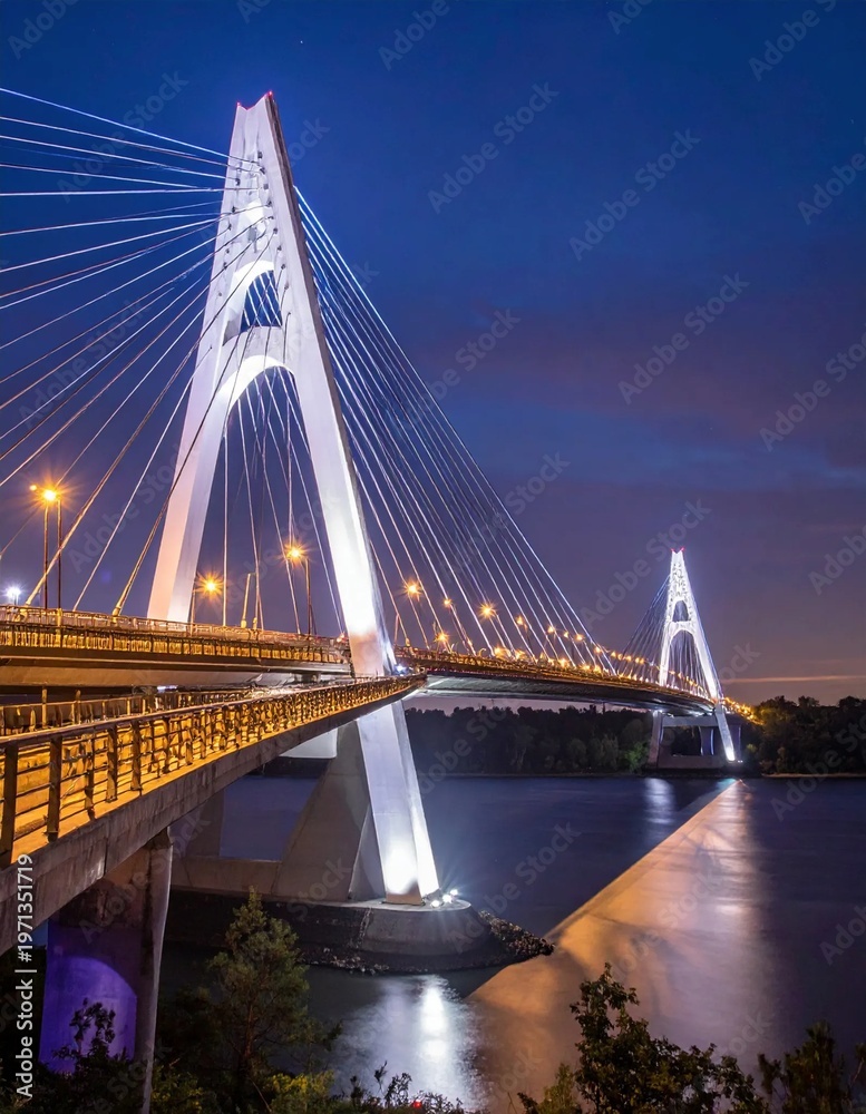 Fototapeta premium Stunning Night View of a Modern Cable-Stayed Bridge Illuminated Over a River.