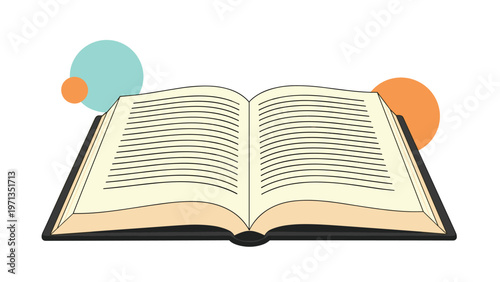 Open hardcover book featuring cream colored pages and abstract circular shapes in the background for study concepts.