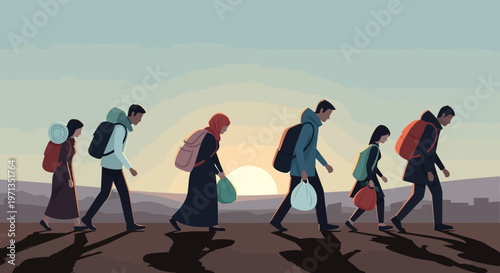 People walking with bags and backpacks.