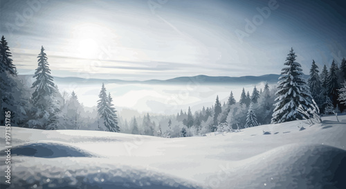 Winter landscape, snowy scene, frozen trees, mountain background, frosty weather