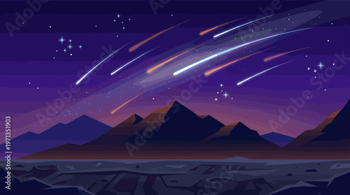 A stunning illustration of a meteor shower lighting up the purple night sky over silhouetted mountains. A magical, cosmic scene for backgrounds, science, or fantasy projects.