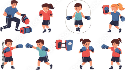 Kids Boxing Vector Set Illustrations Featuring Boys and Girls Practicing Punches, Skipping Rope, and Hitting Pads in Sports, Fitness, Training, and Exercise Scenes