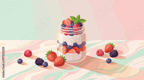 Vector illustration of a healthy chia seed pudding parfait in a glass jar, layered with fresh summer berries. Perfect for diet, vegan, and wellness concepts.