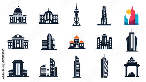 Collection of fifteen diverse building and skyscraper icons ranging from classical to modern architectural styles.