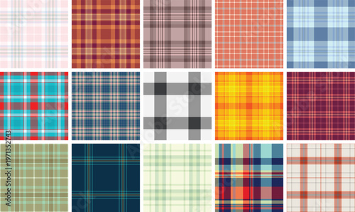 Plaid collection designed for printable materials. Tartan backgrounds enhance DIY summer projects and travel crafts. Vector output remains refined.