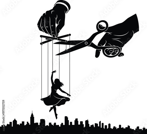 A vector graphic illustration of a ballerina controlled by a puppeteer with scissors, set against a city skyline.