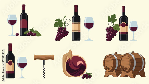Assortment of wine-related icons including bottles, glasses, grapes, a corkscrew, a splashing glass, and wooden barrels in a flat style.