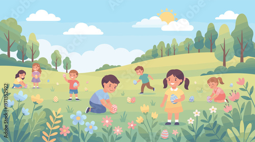 Happy cartoon kids on an Easter egg hunt in a sunny spring meadow. A festive, joyful scene for holiday greetings, invitations, and family-themed designs.