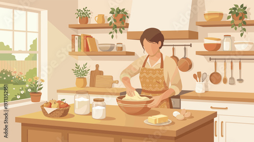 A faceless woman in an apron kneads dough in a warm, sunny kitchen. This cozy illustration evokes a feeling of homemade comfort, perfect for food blogs and lifestyle content.