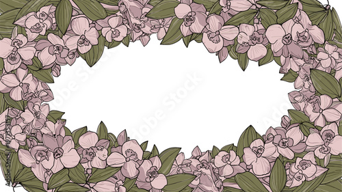 Beautiful frame composed of many light pink orchid flowers and green leaves arranged in an oval shape on a white background.